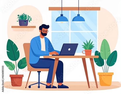 Business & Finance Flat Illustration Pack—Flat vector illustration of business person working from home on laptop