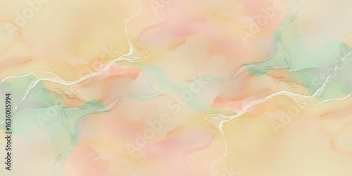 Abstract soft water color background with light pink, peach, yellow, and pale blue, with gentle gradients and fluid brushstrokes creating a dreamy, ethereal effect.