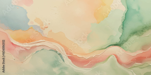 Abstract soft water color background with light pink, peach, yellow, and pale blue, with gentle gradients and fluid brushstrokes creating a dreamy, ethereal effect.