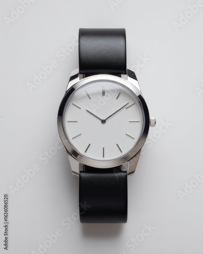 Premium minimalist luxury wristwatch with sleek polished stainless steel case, simple elegant dial featuring minimal markings and thin hands without numerals, sapphire crystal glass with subtle reflec