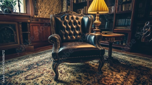 Elegant Leather Chair in Library Setting.