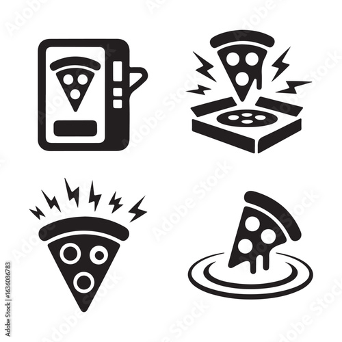 Four pizza slice icons with vending machine and lightning bolt imagery