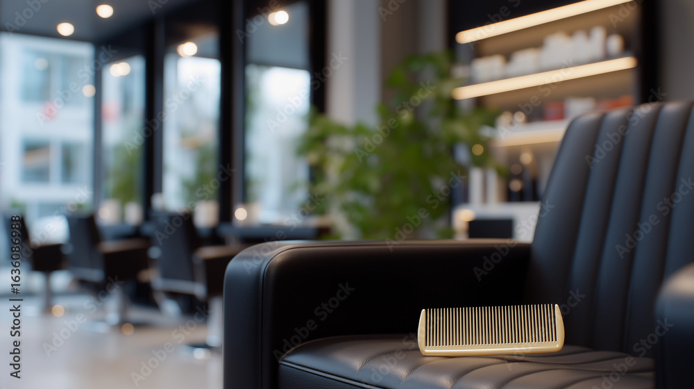 Fototapeta premium Barber Styling Hair with Comb in a Modern Chair