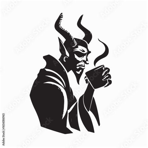 Scary Devil Drinking Coffee Simple Vector Illustration on White Background
