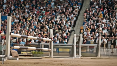 Wallpaper Mural Male equestrian landing after jump on stadium sand during showjumping competition. Concept of equestrian sport, athletic performance, control, adrenaline, summer games action. Torontodigital.ca