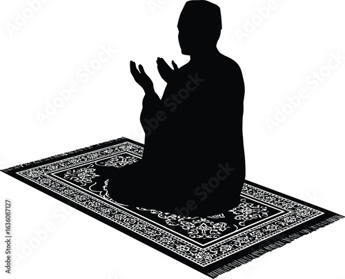 Silhouette of Muslim man praying on prayer mat, hands raised in supplication, Islamic worship, spiritual faith, religious devotion, meditation
