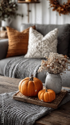 Cozy autumn home decor featuring pumpkins and dried flowers on a wooden table in a warm living room setting