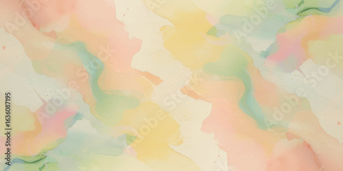 Abstract soft water color background with light pink, peach, yellow, and pale blue, with gentle gradients and fluid brushstrokes creating a dreamy, ethereal effect.