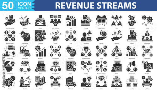 Revenue Streams Icon Set Collection. Containing Direct Marketing, Statistics, Reseller, Loyal Customer, Sales, Pricing, Digital Product, Mlm, Acquisition, Rising, Business Model icon.