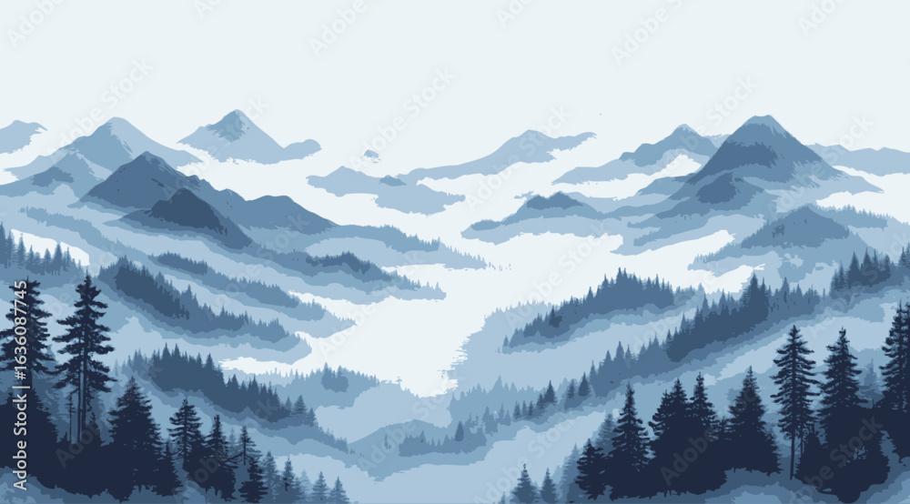 Obraz premium Watercolor painting of foggy mountains, in dark blue and gray tones, in the style of Chinese ink