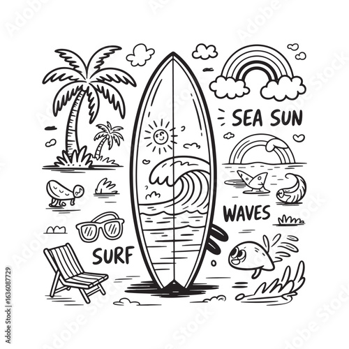 Summer Surf Scene with Surfboard, Palm Trees, and Ocean Elements