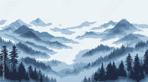Watercolor painting of foggy mountains, in dark blue and gray tones, in the style of Chinese ink