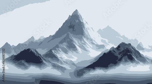 A mountain range covered in snow. The sky is grey and the mountains are covered in snow. The scene is peaceful and serene