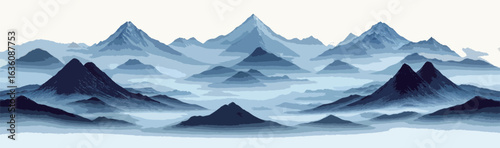 Watercolor painting of foggy mountains, in dark blue and gray tones, in the style of Chinese ink