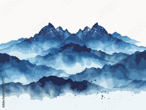 Watercolor painting of foggy mountains, in dark blue and gray tones, in the style of Chinese ink