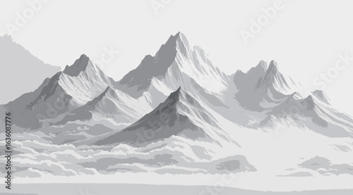A mountain range covered in snow. The sky is grey and the mountains are covered in snow. The scene is peaceful and serene