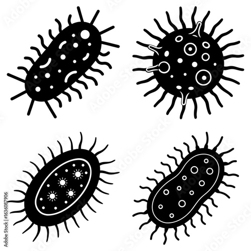 Four black and white illustrations of different types of bacteria with spiky projections on a white background