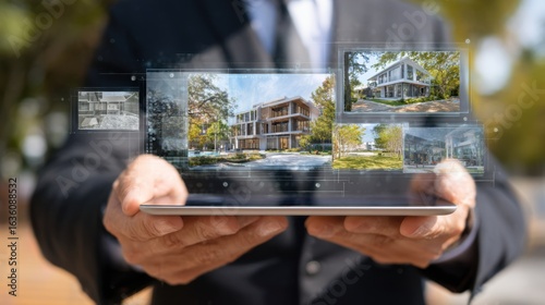 A real estate agent holding an tablet with futuristic digital holographic images of modern houses and green grass on the screen, symbolizing innovative property marketing.
