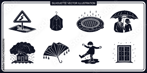 Collection of rain related vector icons isolated on white background