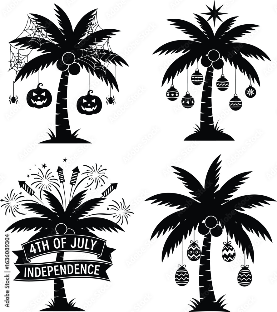 Fototapeta premium Festive Palm Tree Icon Quartet Featuring Halloween Webs and Jack-o'-Lanterns, Christmas Ornaments and Star, 4th of July Fireworks and Banner, and Easter Eggs in Tropical Holiday Mashup Style