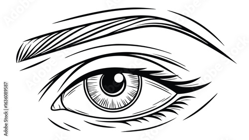 Clean Line Art: Dramatic Close-up of a Woman's Eye, Bold Black and White Illustration, Intense Gaze, Graphic Design Element.