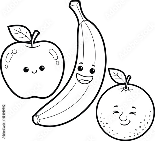 Whimsical Fruit Trio Icon Set Featuring Smiling Apple with Leaf, Curved Banana, and Textured Orange with Leaf in Playful Cartoon Style