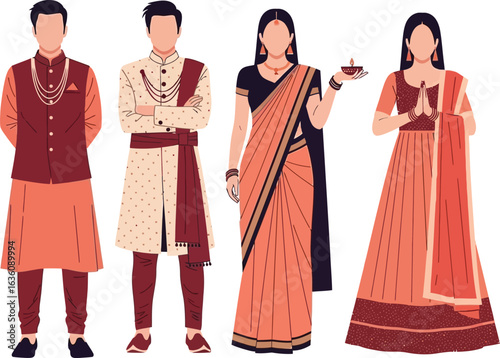 Illustration featuring four figures, two men and two women, dressed in traditional Indian attire.