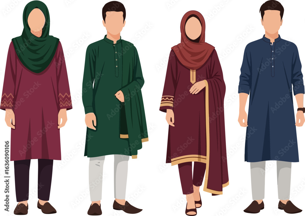 Illustration depicting four figures in traditional South Asian attire, standing. Illustration depicting four figures in traditional South Asian attire, standing.