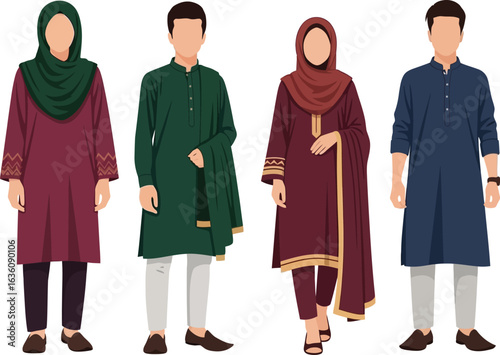 Illustration depicting four figures in traditional South Asian attire, standing.