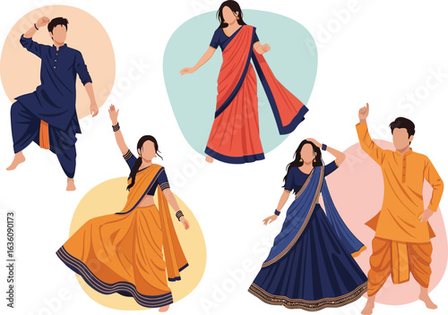 Illustration of five people in traditional Indian clothing dancing with joy and celebration on a white background.