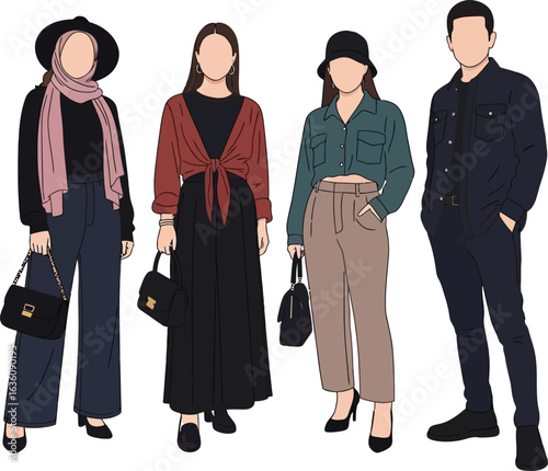 Four diverse, faceless individuals in stylish, modern clothing, each holding a handbag, standing in a row.