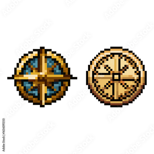 Pixel Art Compass Sprite Set. A detailed pixel art compass icon, showing both front and back views.