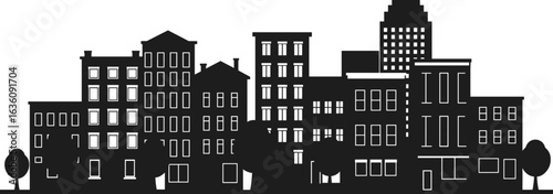 Urban residential buildings skyline, modern downtown street silhouette, apartment architecture outline, city neighborhood design, cityscape with trees, metropolitan housing vector art illustration