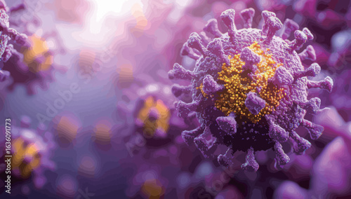 A close up of a virus with yellow and orange spots. The virus is surrounded by other viruses