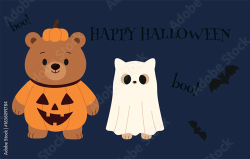 Horizontal Halloween banner with cute bear in pumpkin costume and cat in ghost costume. Festive background with pumpkins and bats. Perfect for banners and seasonal designs.