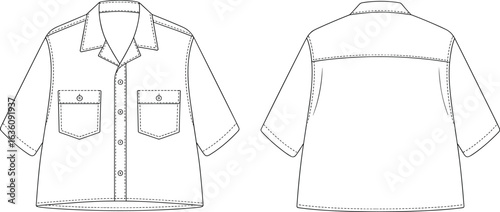 Short-sleeve shirt technical drawing, front view, back view, button-up design, chest pockets, collar, shoulder yoke, stitching detail, fashion sketch, template, clothing illustration, apparel design.