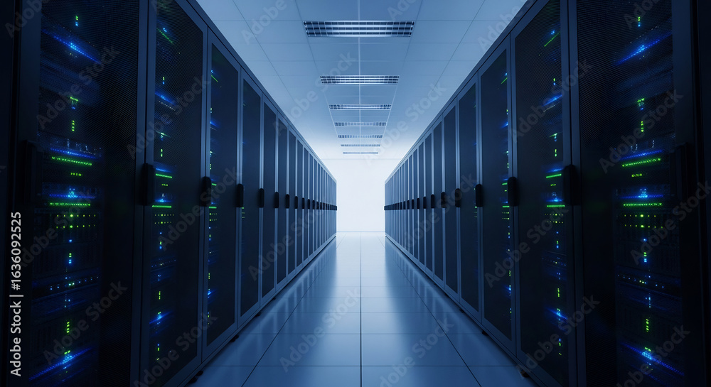 Fototapeta premium Modern Data Center Server Room with Glowing Racks