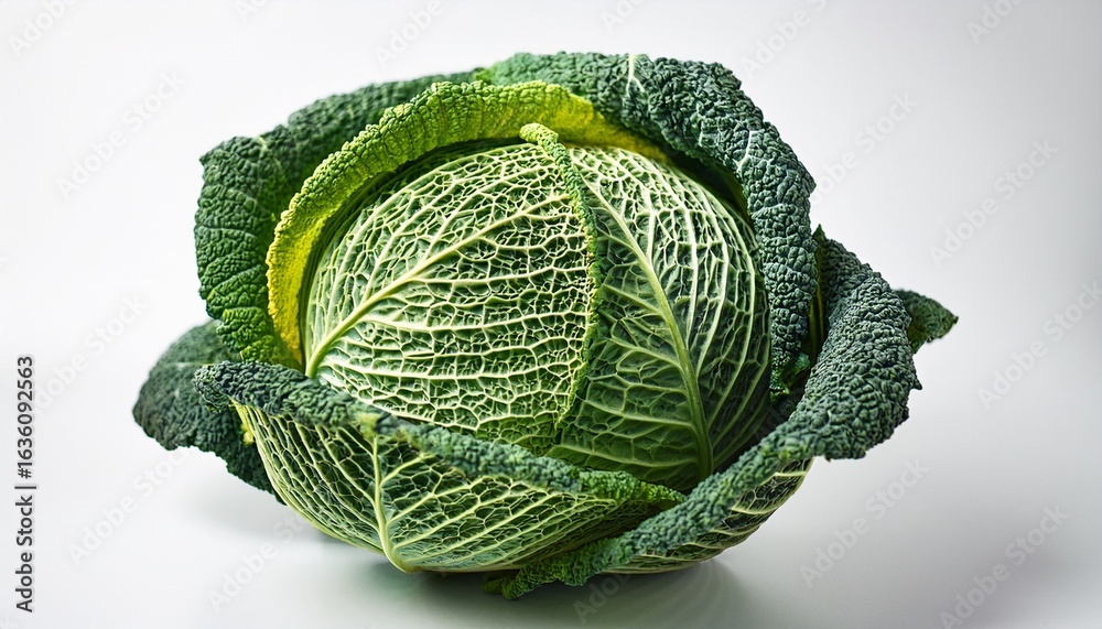 Fototapeta premium whole head of savoy cabbage with textured green leaves isolated on white background studio food photography organic vegetable and healthy eating concept design for poster banner print wallpaper