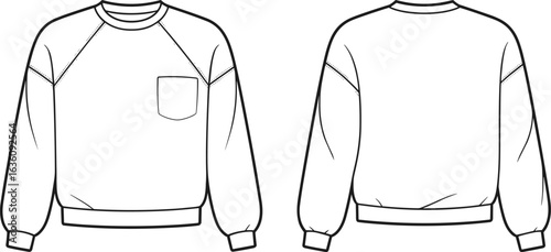 Sweatshirt illustration, front view, back view, round neckline, long sleeves, chest pocket, stitching detail, fashion sketch, garment design, clothing template, vector drawing, casual wear.