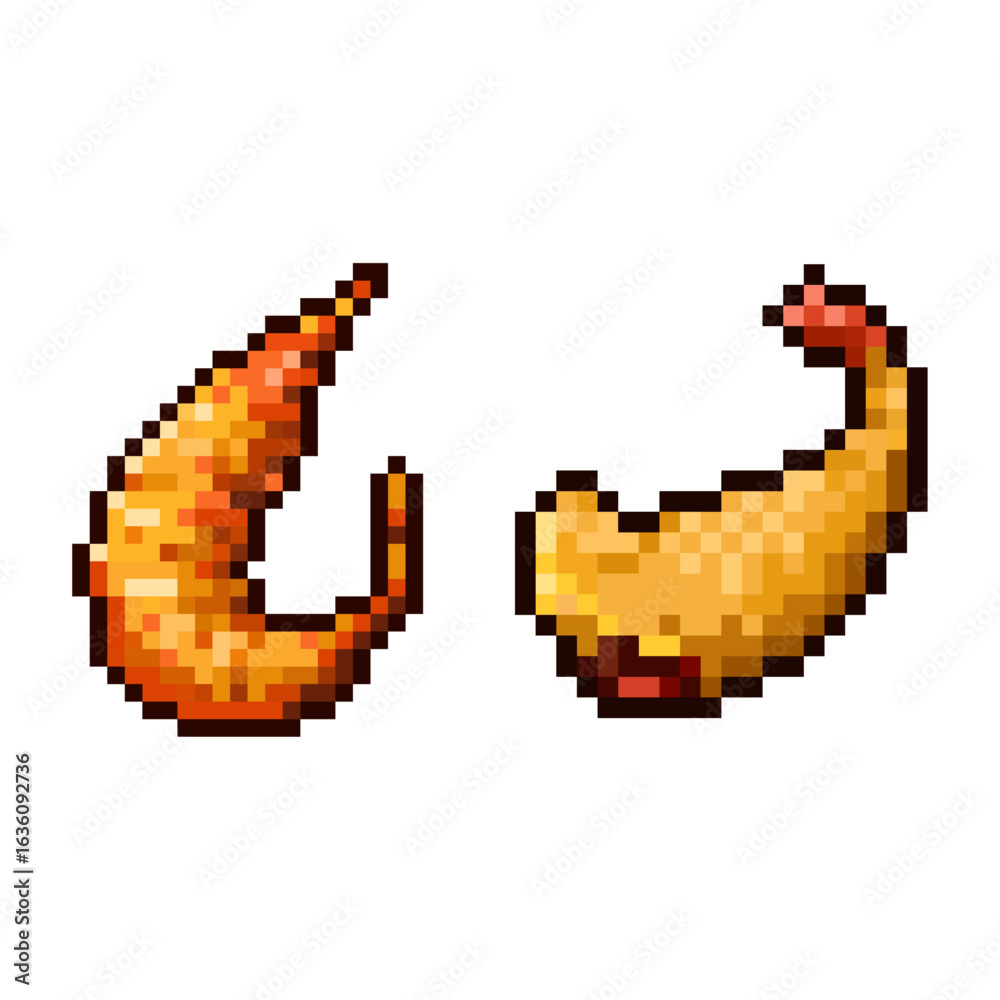 Fototapeta premium Pixel Art Shrimp and Tempura Set. A set of two pixel art illustrations of cooked shrimp.