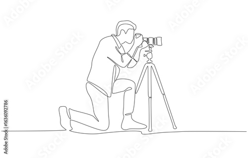 Continuous one line drawing of photographer taking picture with camera on tripod, single line art 