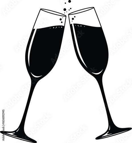 Minimalist Black and White Illustration of Two Champagne Glasses Clinking with Rising Bubbles — Symbol of Celebration, Toasting, and Festive Occasions