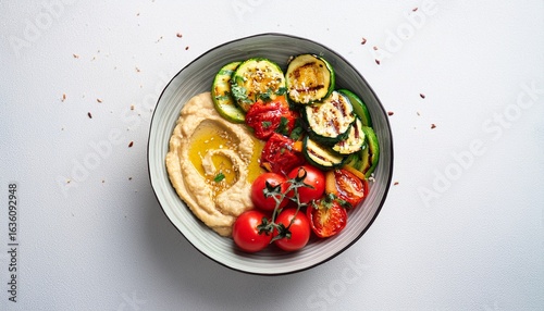 healthy vegan bowl with hummus grilled zucchini fresh cucumber bell peppers and cherry tomatoes n colorful plant based lunch or snack top view on white background