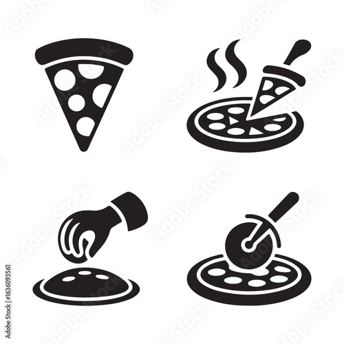 Black and white pizza preparation and serving icons in a square format