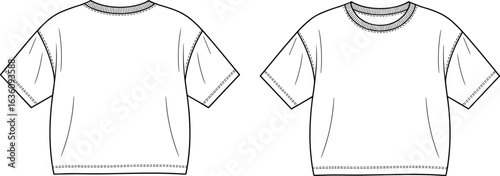 Short sleeve T-shirt illustration, front view, round neckline, ribbed collar, stitching detail, fashion sketch, garment design, clothing template, vector drawing, casual wear.