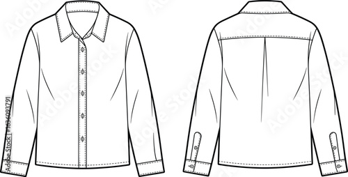Technical shirt drawing, front view, back view, long sleeve, button-down shirt, collar detail, cuff buttons, center pleat, fashion sketch, garment design, vector illustration.