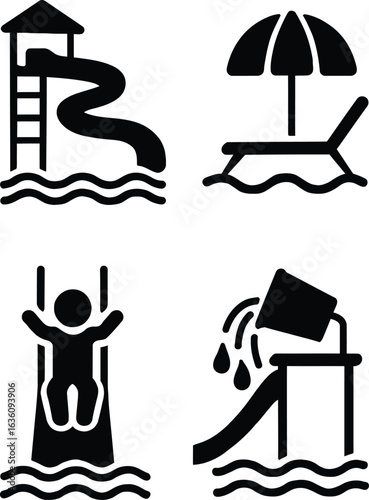 Set of Four Black and White Water Activity Icons — Water Slide with Ladder, Beach Chair Under Umbrella, Person Sliding into Water, and Dump Bucket Splashing onto Slide — Stylized Symbols for Water 
