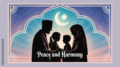 Family Togetherness with Islamic Crescent and Star Symbol