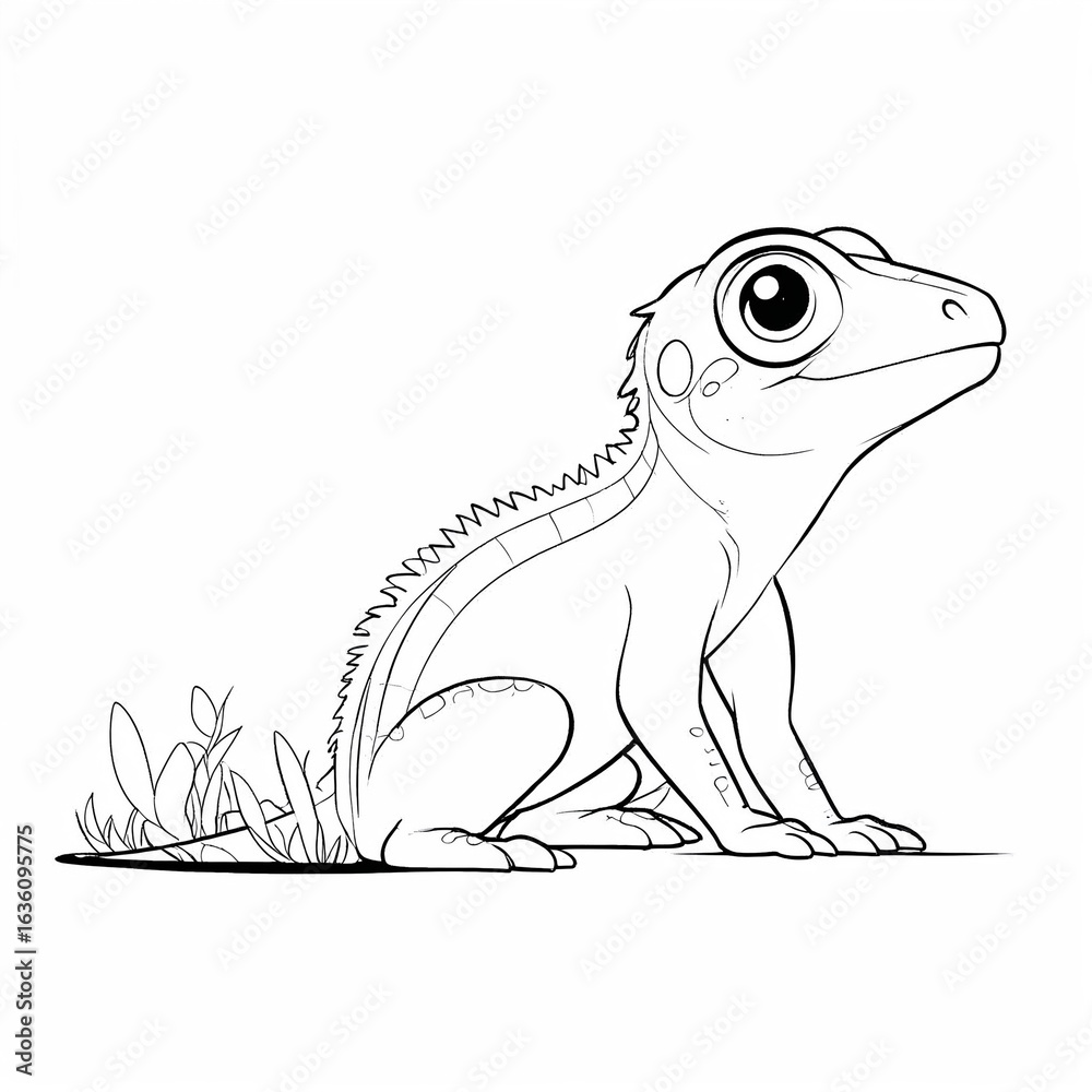 Obraz premium Cartoon lizard illustration sitting on grass with large eyes , easy and bold coloring page