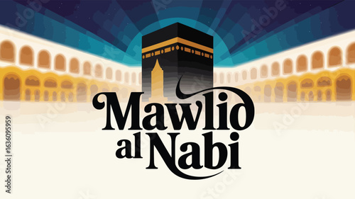 Mawlid al Nabi Poster with Kaaba Illustration and Elegant Calligraphy Design